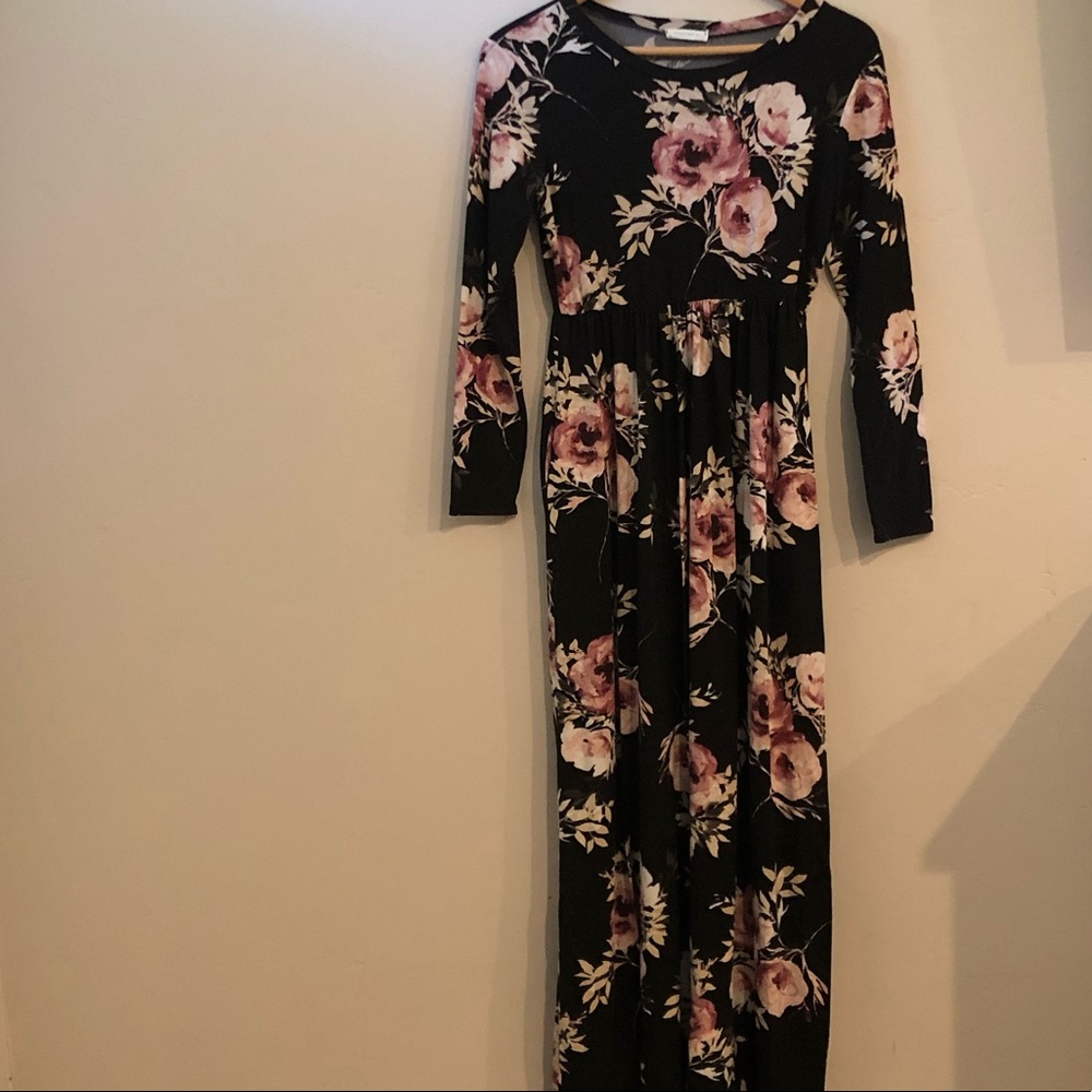 Floral Long Sleeve Maxi Dress - Black with Pink Floral